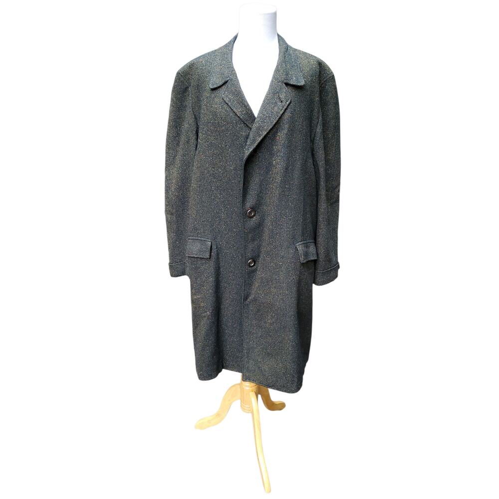 Vintage Ivy Prep Heritage Grandpa Green Wool Long Trench Coat Overcoat  52x39.5
